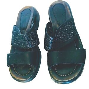 Dansko Black Two Strap Leather Lana Comfort Platform Slides Sandals Size 8.5
